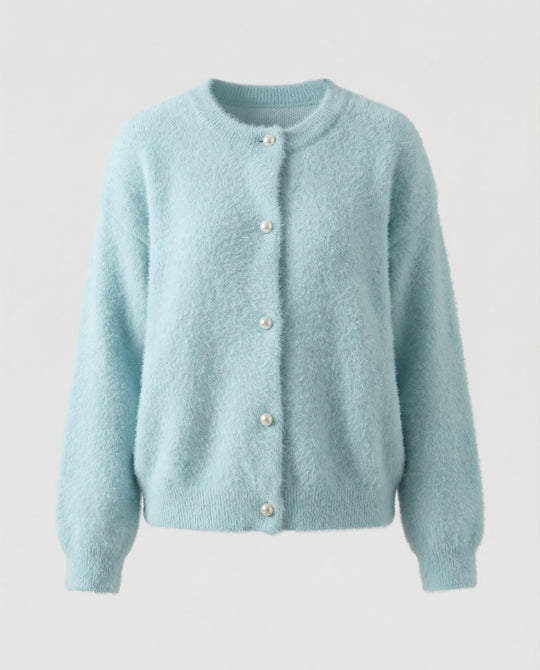 Damen flauschige Kurzstrickjacke im Angora-Optik mit Perlenknöpfen R&B