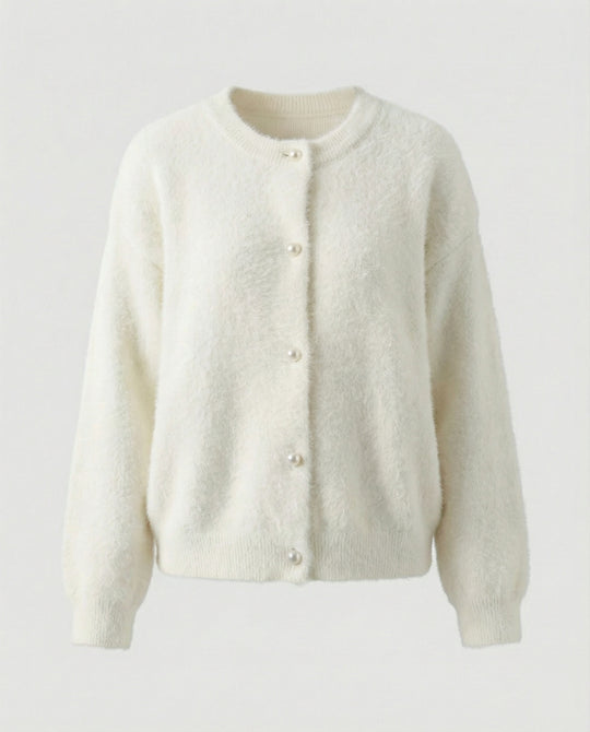 Damen flauschige Kurzstrickjacke im Angora-Optik mit Perlenknöpfen R&B