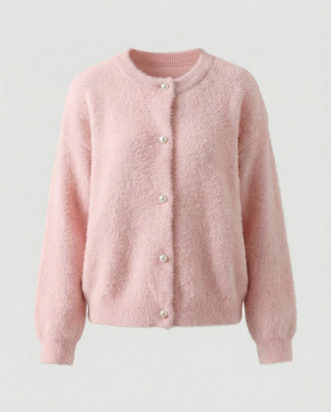 Damen flauschige Kurzstrickjacke im Angora-Optik mit Perlenknöpfen R&B