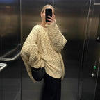 Damen oversize Strickpullover mit Zopfstrickmuster R&B