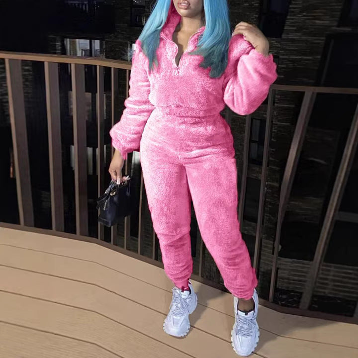 Damen nan kuscheliges Teddy-Fleece Zweiteiler mit Halbreißverschluss und High-Waist Jogginghose R&B