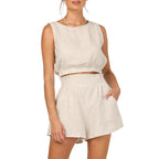 Damen lässiges Leinen-Oberteil mit hochgeschnürtem Saum und Shorts R&B