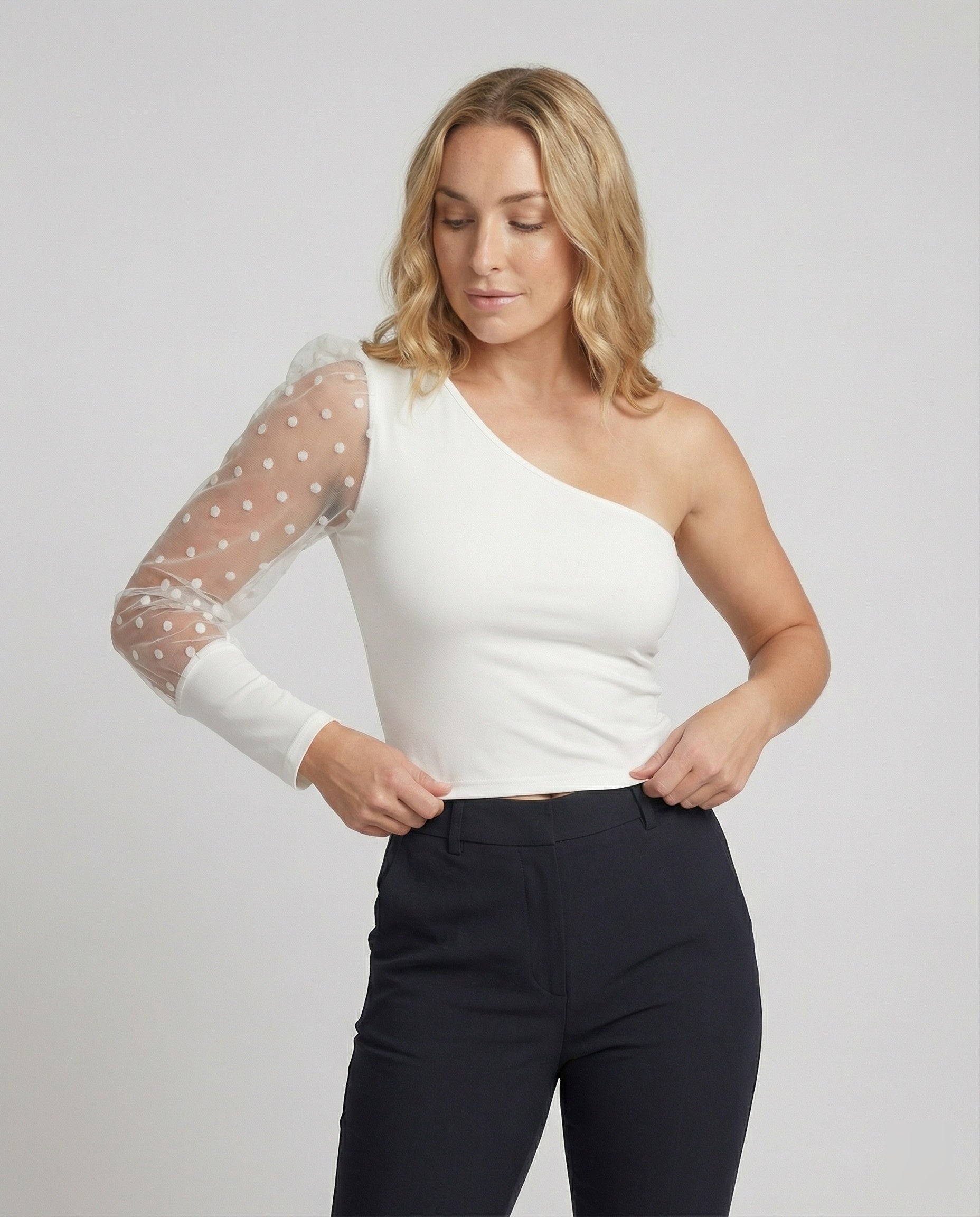 Damen Elegantes Bodysuit mit asymmetrischem Schnitt und transparentem Puffärmel R&B