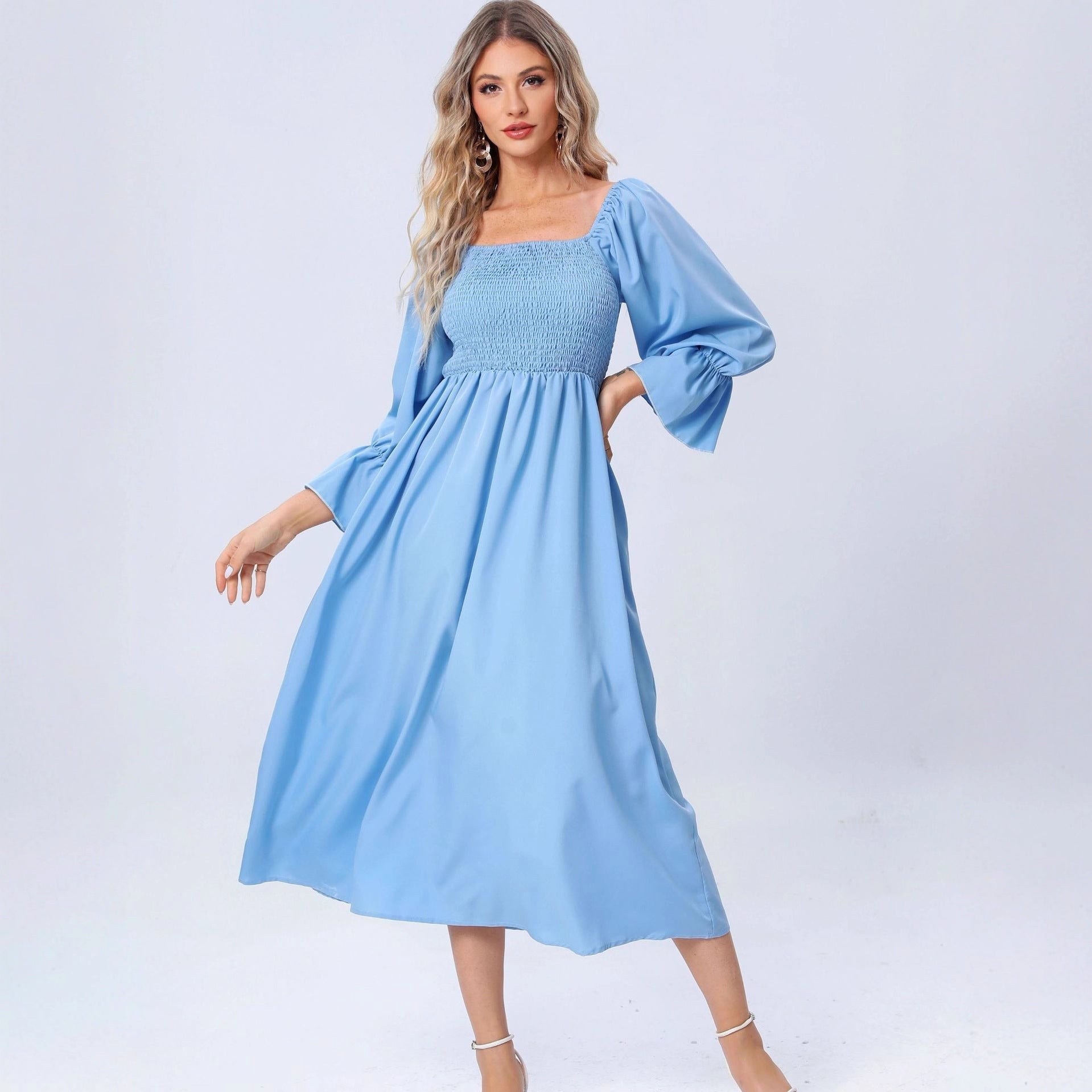 Damen Maxikleid mit elastischem Oberteil und voluminösen Ärmeln R&B
