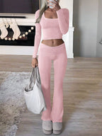 Damen Legeres Lounge-Set mit langärmligem Oberteil und flared Hose R&B