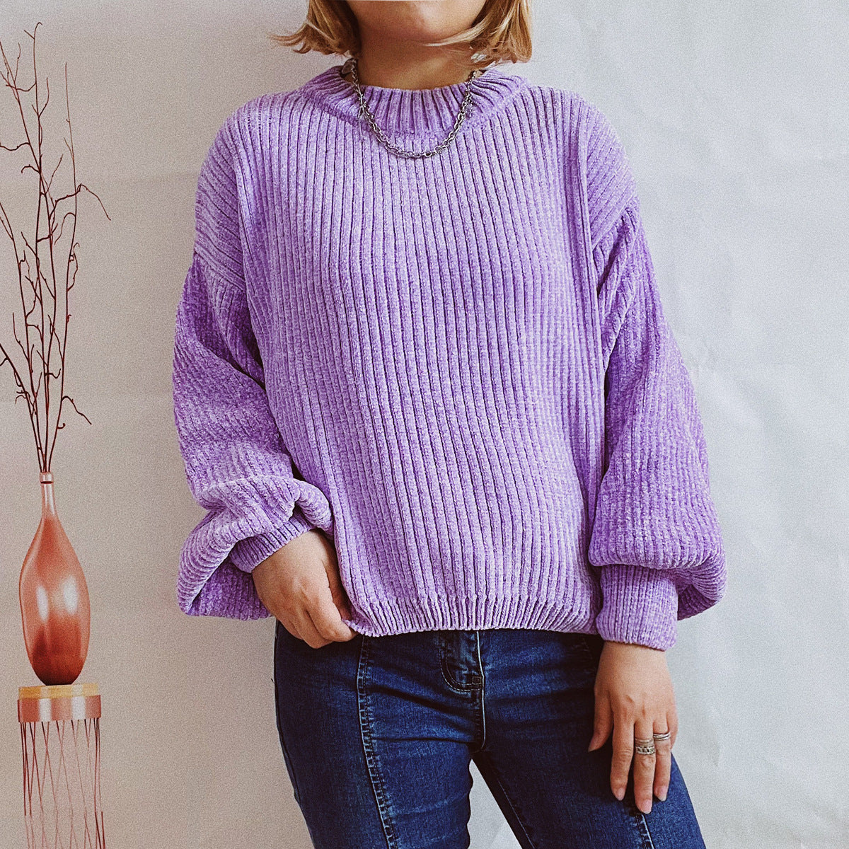 Damen Grobstrickpullover mit romantischem Rippenmuster und weiten Ärmeln R&B