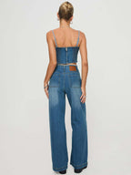 Damen Weit geschnittene Denim-Hose mit fransigem Saum und hohem Bund R&B
