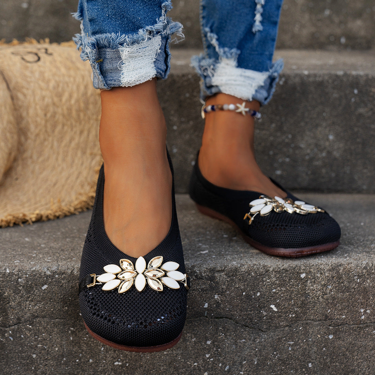 Damen Elegante und atmungsaktive Ballerinas mit floraler Verzierung