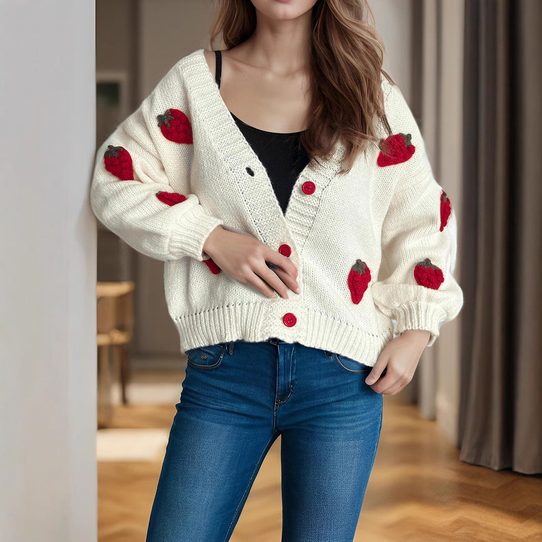 Damen Strickjacke mit verspielten Obstapplikationen R&B