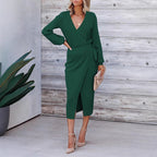 Damen elegantes Wickelkleid mit langem Arm und schickem V-Ausschnitt R&B