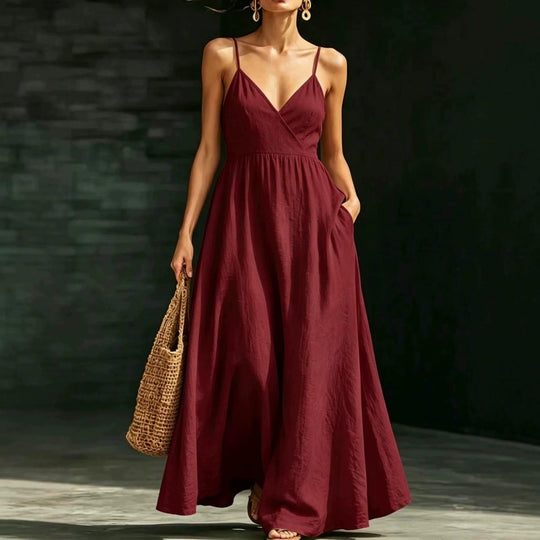 R&B Damen Sommerkleid Midikleid Spaghettiträger V-Ausschnitt