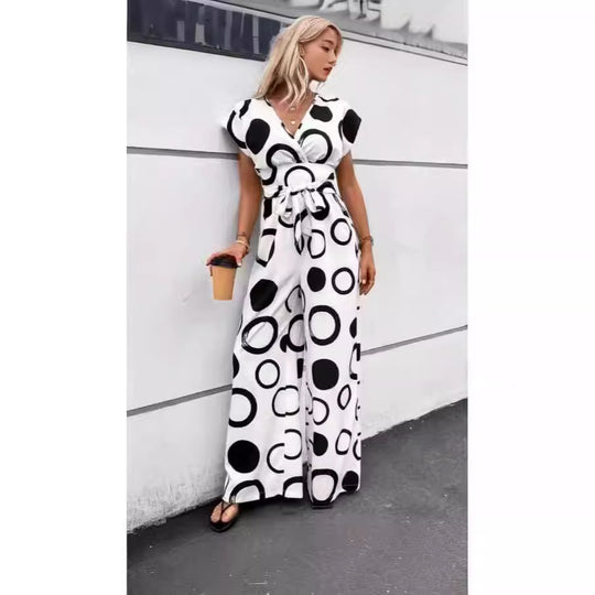 Damen modischer Jumpsuit mit elegantem V-Ausschnitt und weitem Bein R&B