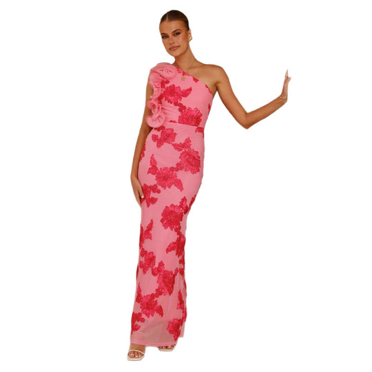 Damen Elegantes und figurbetontes Maxikleid mit asymmetrischem Träger und floralen Applikationen R&B