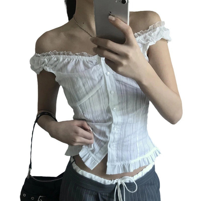 Damen Off-Shoulder Bluse mit Rüschensaum R&B