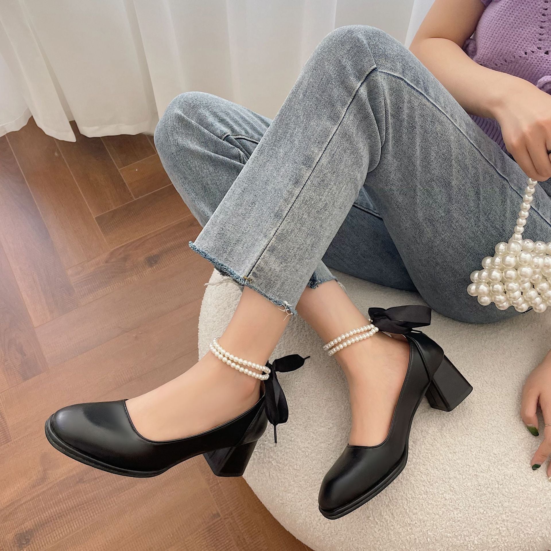 Damen elegante Absatzschuhe mit Perlenschmuck und Schleifen R&B