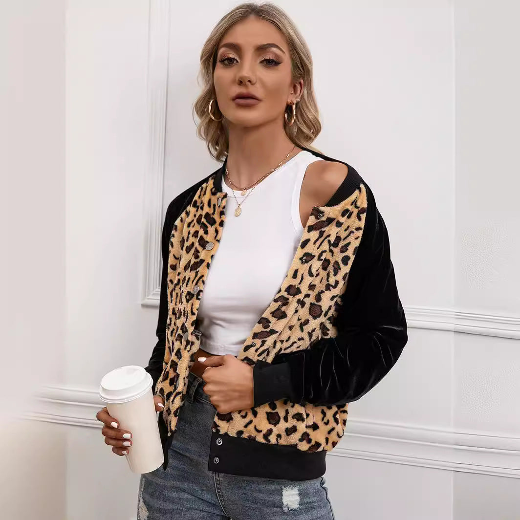 Damen elegante Bomberjacke mit Leopardenmuster und Veloursbesatz R&B