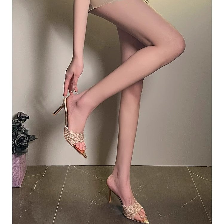Damen elegante High Heel Mules mit Spitze und Spitzenverzierung R&B