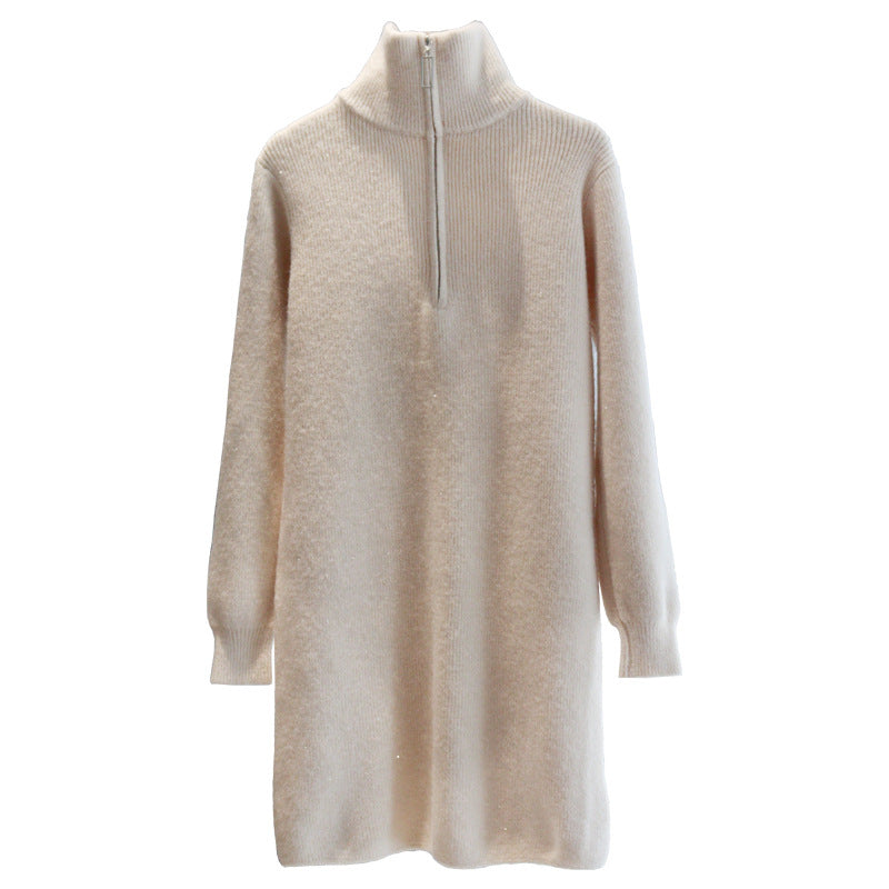 Damen Kurzes Strickkleid mit halbzipper und Kragen R&B