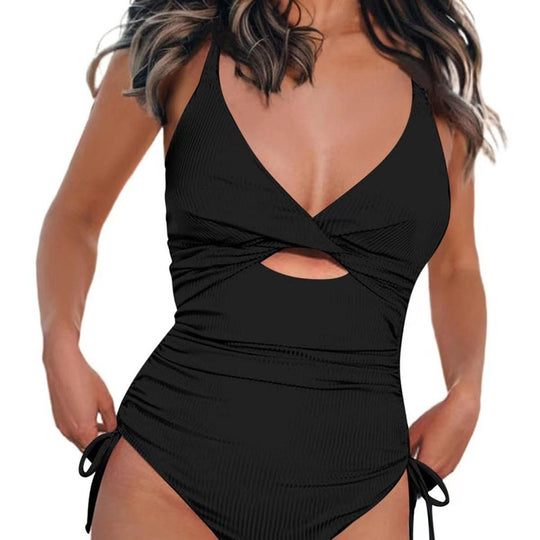 Damen Einteiler Badeanzug mit raffiniertem Wickeldesign und modischem Cut-Out R&B