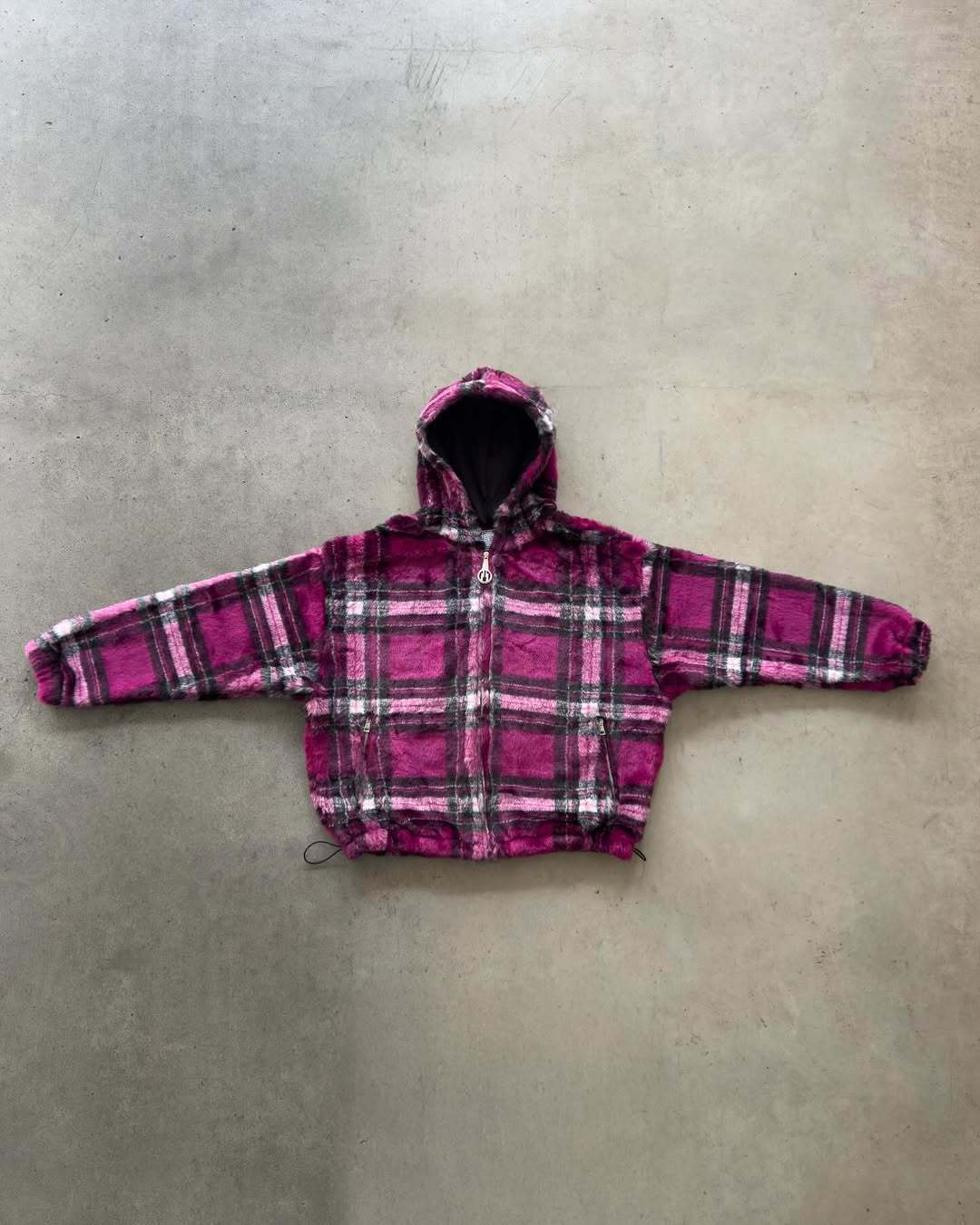 Unisex nan gefütterte Plaid-Fleece-Bomberjacke mit Kapuze Kordelzug und Reißverschlusstaschen R&B