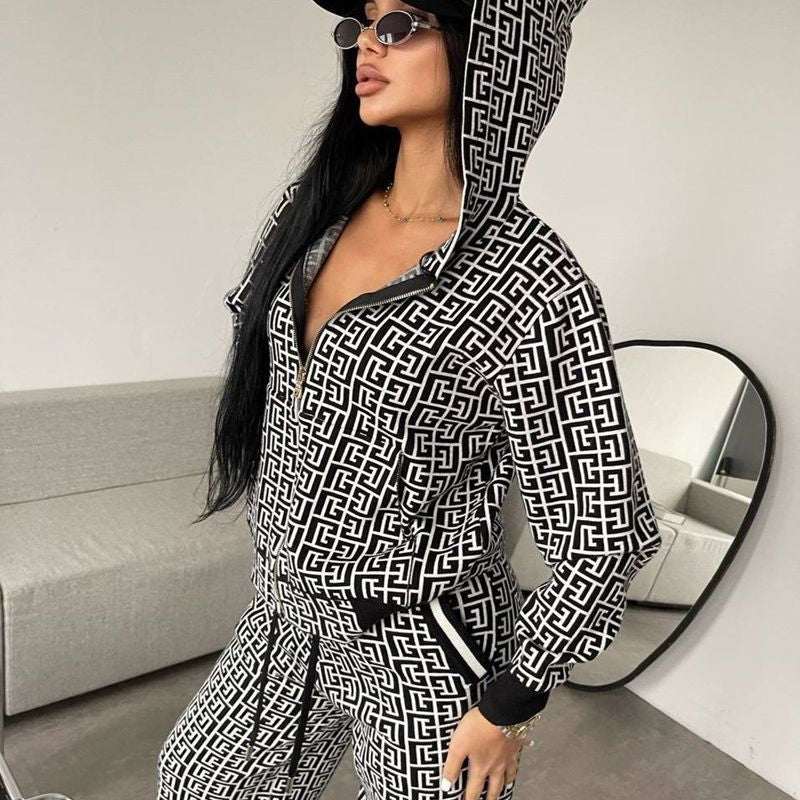 Damen modisches Strick-Loungewear-Set mit grafischem Muster R&B