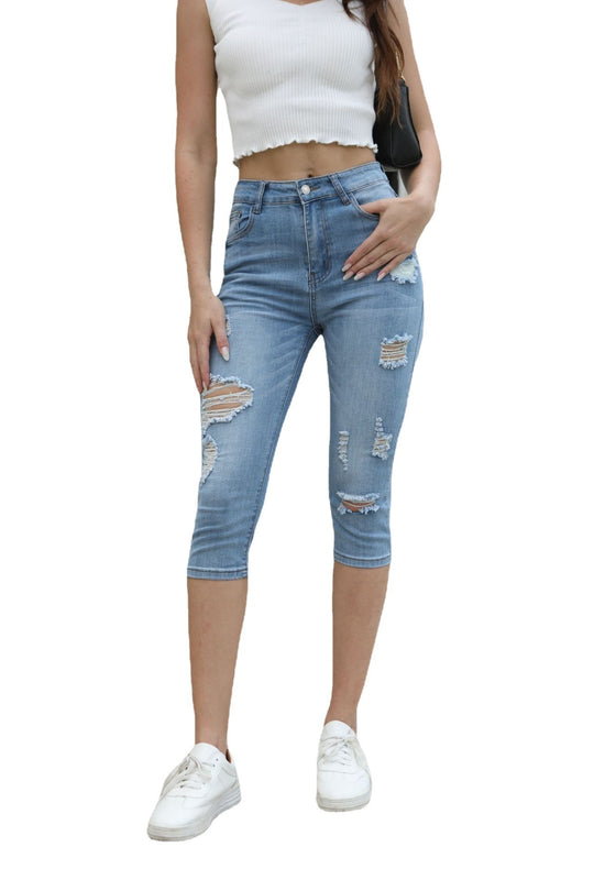 Damen Denim Caprihose mit distressed Details und hohem Bund R&B