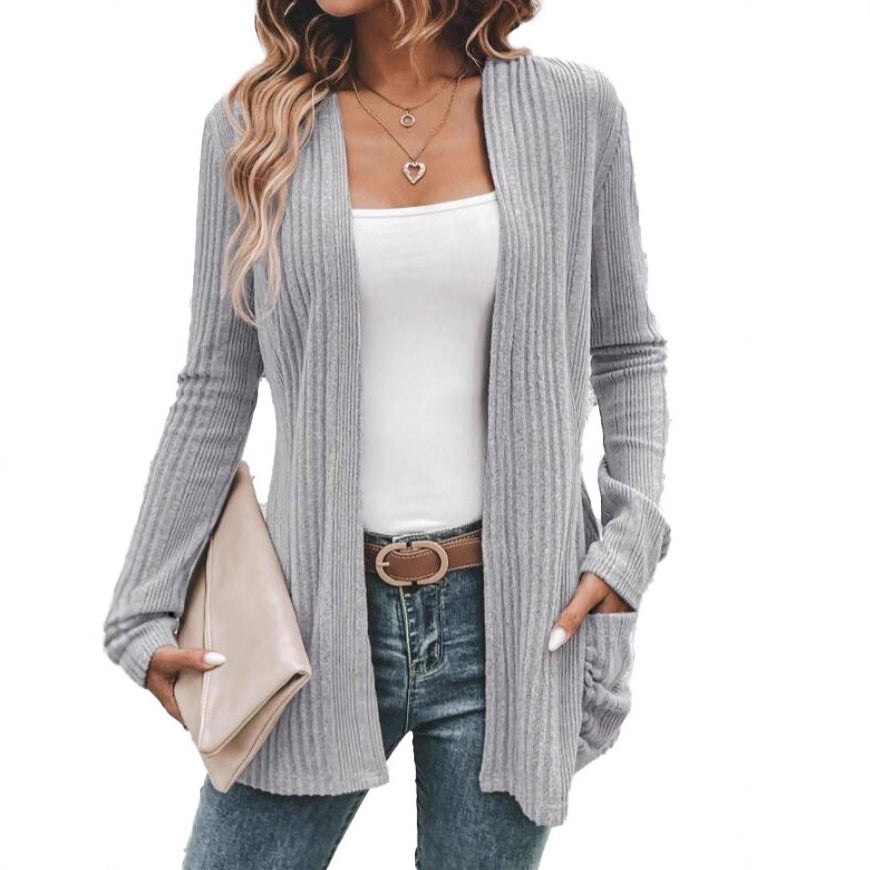 Damen modische Strickjacke mit offenen Front und praktischen Taschen R&B