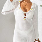 Damen lässiges Strandkleid mit dekorativem V-Ausschnitt und Blumenapplikationen R&B