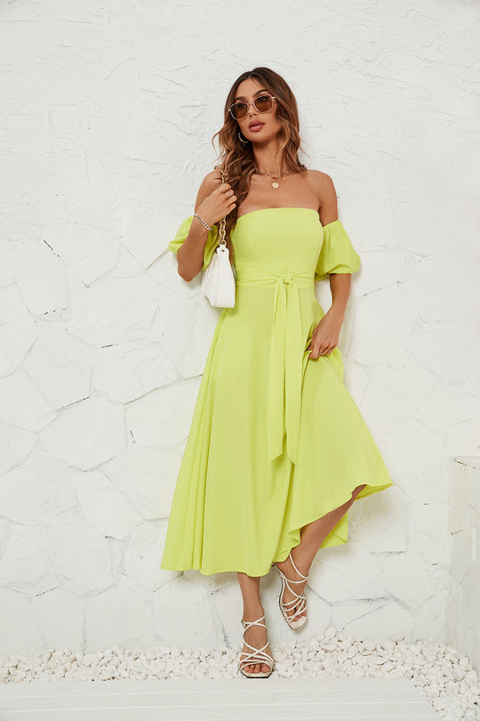 Damen Off-Shoulder Maxikleid mit geknotetem Taillengürtel R&B