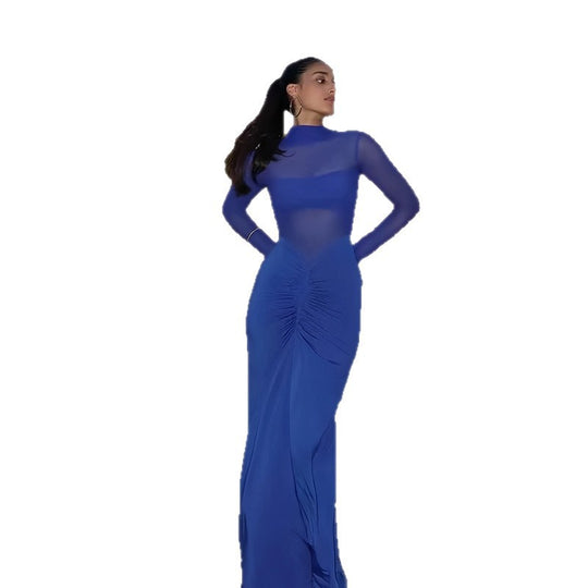 Damen Elegantes Maxikleid mit transparenten Ärmeln und raffinierter Drapierung R&B