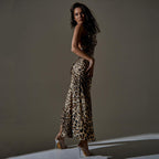 Damen Elegantes Maxikleid mit Leopardenmuster und sexy Schlitz R&B