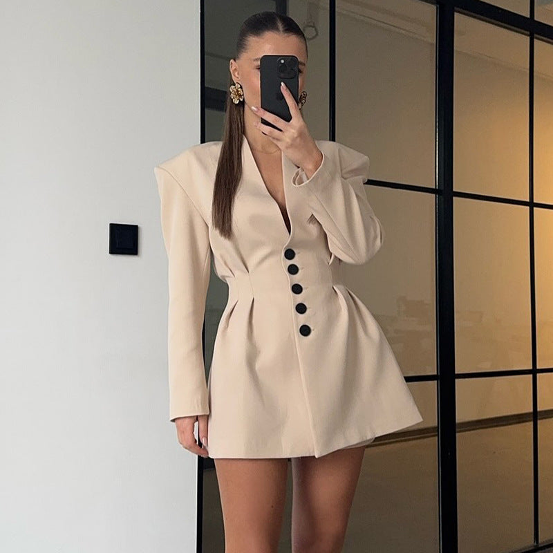 Damen trendiges Blazer-Kleid mit strukturierten Schultern und tiefem V-Ausschnitt R&B