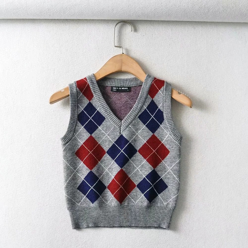 Damen Schickes Strickoberteil mit V-Ausschnitt und Karomuster R&B