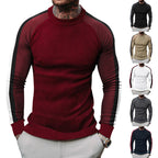 Herren sportlicher Strickpullover mit kontrastierenden Ärmeln und hohem Kragen