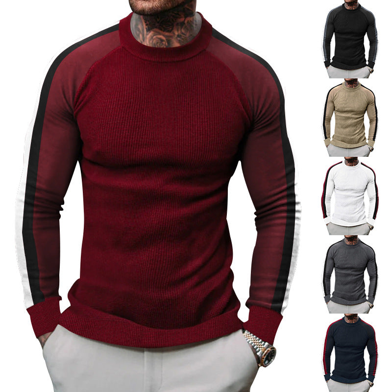 Herren sportlicher Strickpullover mit kontrastierenden Ärmeln und hohem Kragen