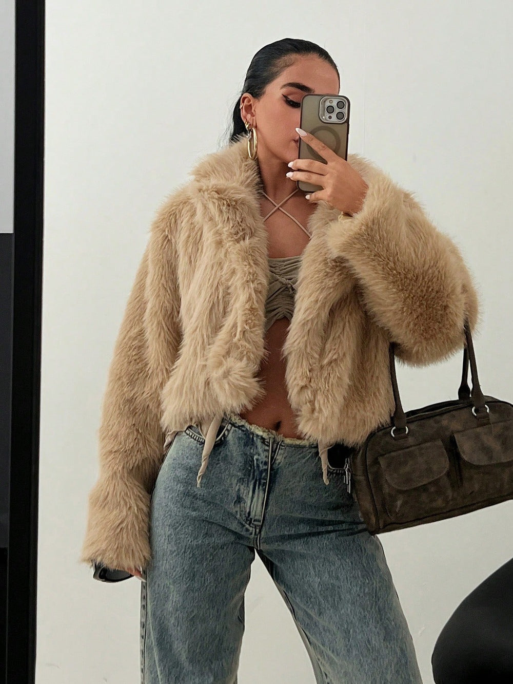 Damen Modische Kurzjacke mit glamourösem Kunstfell R&B