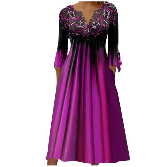 Damen nan fließendes Maxikleid mit verziertem V-Ausschnitt, Unterbrustnaht, ausgestelltem Rock und Eingrifftaschen R&B