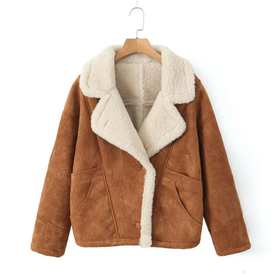 Damen kuschelige Wildlederjacke mit weichem Futter und breitem Kragen R&B