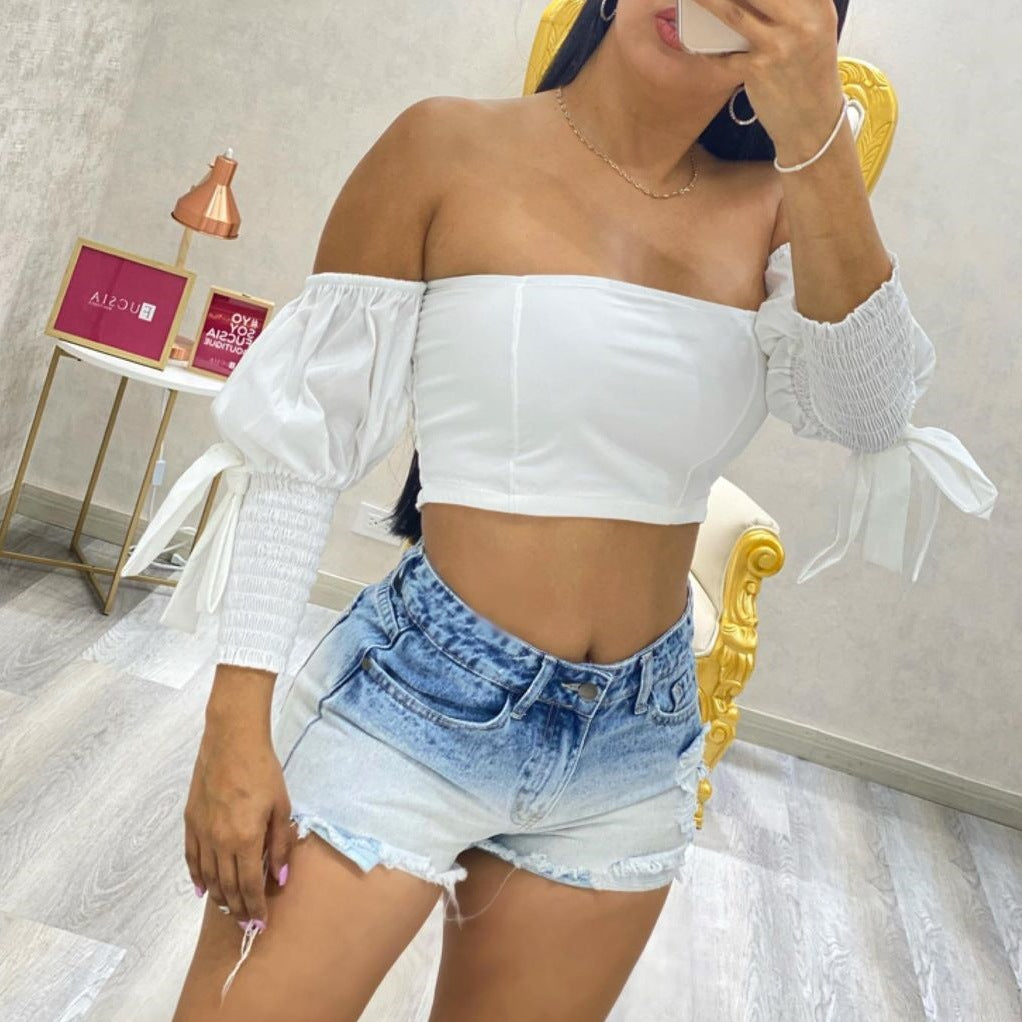 Damen Crop Top mit Puffärmeln und elastischen Bündchen R&B