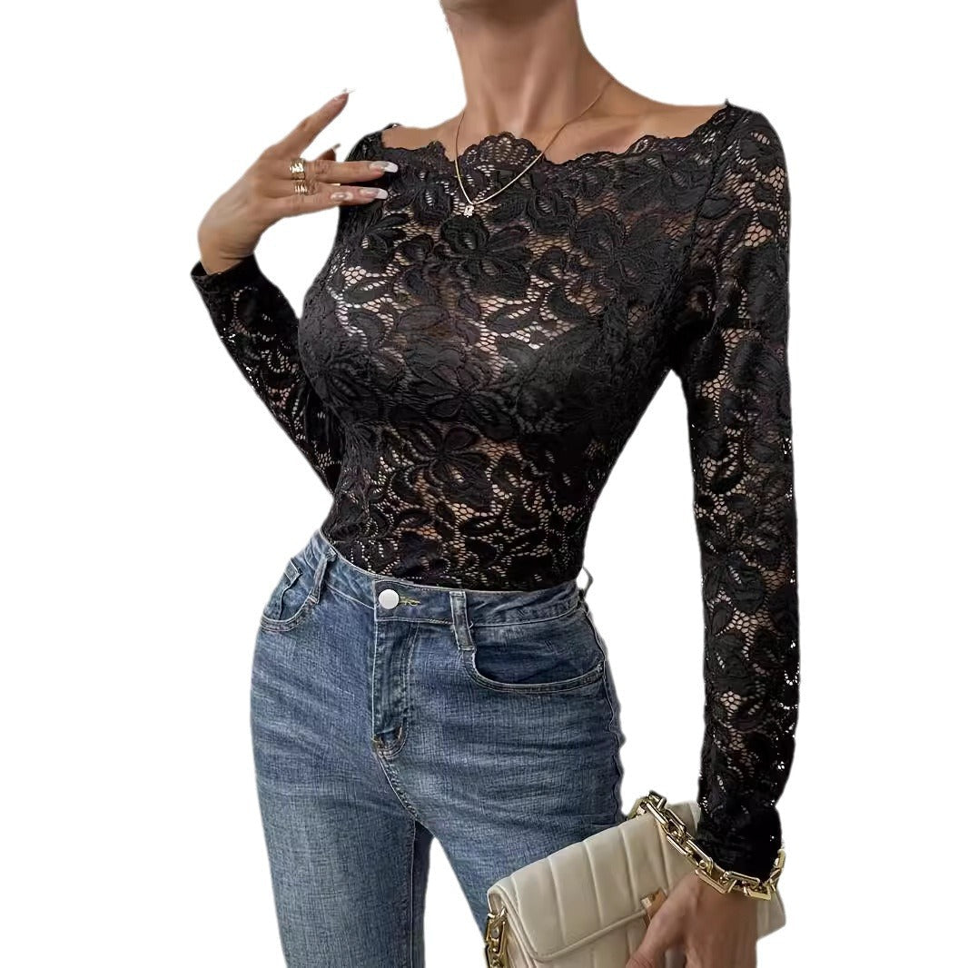 Damen Langärmliges Spitzenoberteil mit romantischem Design R&B