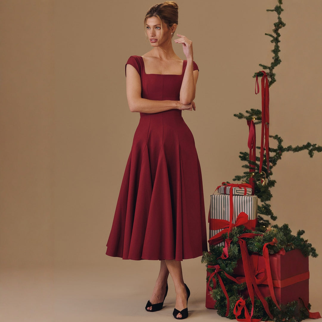 Damen Midi-Kleid mit quadratischem Ausschnitt und weit schwingendem Rock R&B