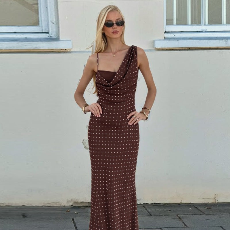 Damen Maxikleid mit asymmetrischem Ausschnitt und eingewR&Btem Punktedesign R&B