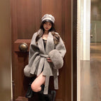 R&B | Damen Woll Winterjacke mit Fellmanschetten und Taillengürtel