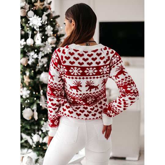 Damen Strickpullover mit weihnachtlichem Muster und Rundhalsausschnitt R&B
