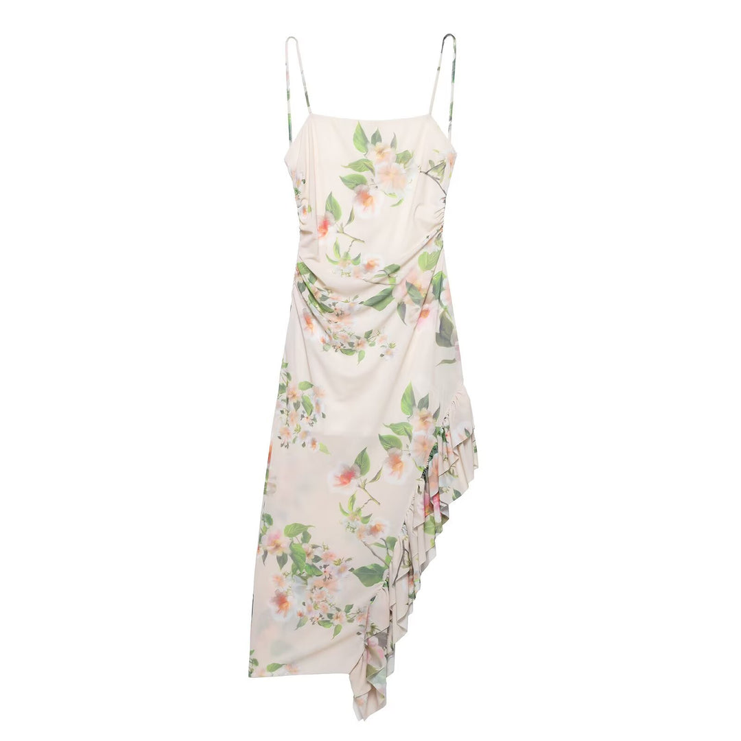 Damen Maxikleid mit floralem Rüschendetail und asymmetrischem Saum R&B
