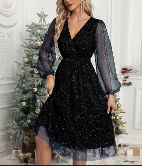 Damen Glamouröses Midikleid mit transparenten Puffärmeln und schimmerndem Paillettenmuster R&B