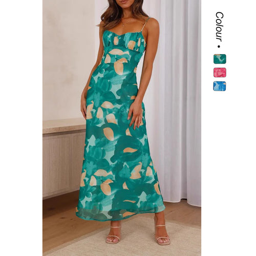 Damen Maxikleid mit floralem Wasserfarben-Design und verstellbaren Trägern R&B