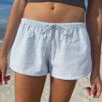 Damen Kurzschlafhose mit elastischem Bund und modischem Bindegürtel R&B