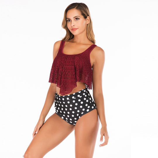 Damen Bikini-Set mit voluminösem Spitzenoberteil und hoch taillierten Flamingo-Print Shorts R&B