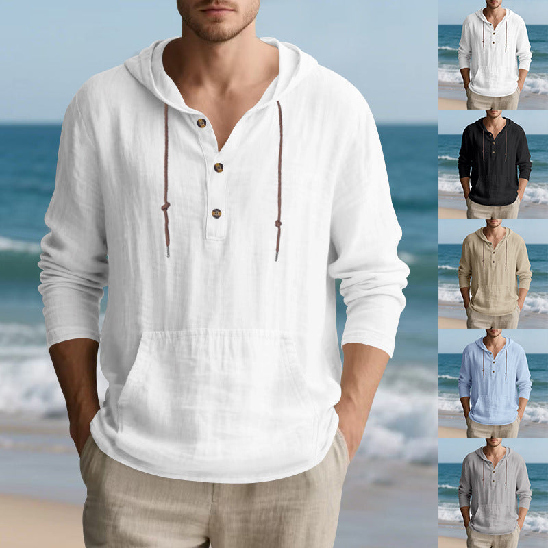 Herren nan leichtes Kapuzen-Henley aus Leinen-Baumwollmix mit Kängurutasche und Knopfleiste R&B
